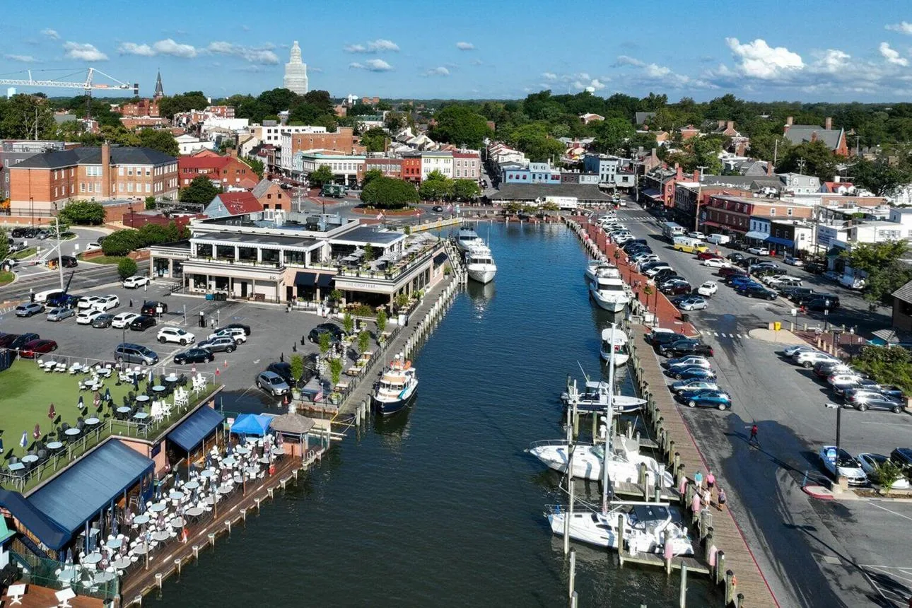 Aerial view of Annapolis City Dock waterfront and downtown Annapolis Maryland