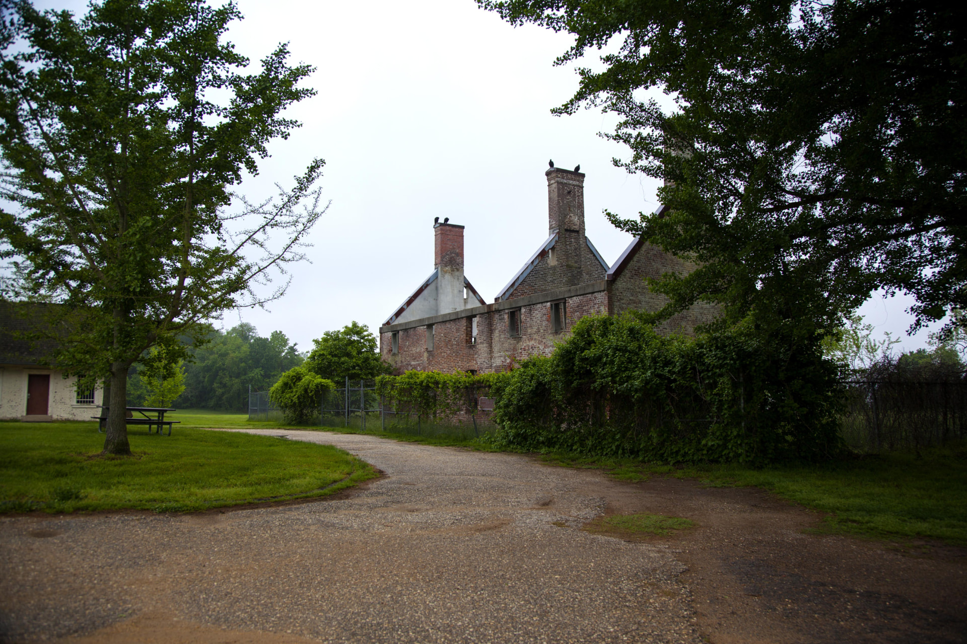 Picnic grounds and gravel path leading to the Marshall Hall ruins in Piscataway Park near Bryans Road, Maryland
