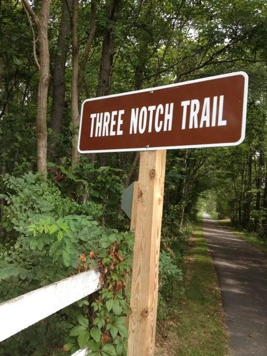 Three Notch Trail Landmark - Mechanicsville MD Three Notch Trail sign along the trail in Mechanicsville Maryland